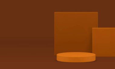 Kozmetik ürün için kahverengi 3D podyum modeli gerçekçi vektör illüstrasyonunu gösteriyor. Satış için turuncu bej silindir kaidesi kare geometrik şekilli duvar arkaplanı sunumu