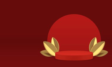 3d kırmızı lüks podyum ve sunum için altın yapraklar gerçekçi vektör illüstrasyonu. Premium ürün reklamı için yuvarlak duvar arkaplan vitrinli zarif silindir kaidesi