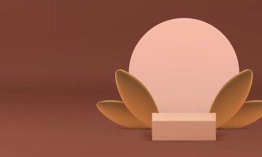 Ürün sunumu için yuvarlak duvar zeminli bej 3d podyum gerçekçi vektör illüstrasyonu. Pastel kare kaidesi. Altın yapraklı. Alışveriş gösterisi için zarif bir görüntü.