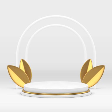 3d beyaz lüks silindir podyum. Çarpım için kemer duvar arka planı gerçekçi vektör illüstrasyonunu gösteriyor. Altın yapraklı hafif zarif kaide kemer arkası satış gösterisi sunumu