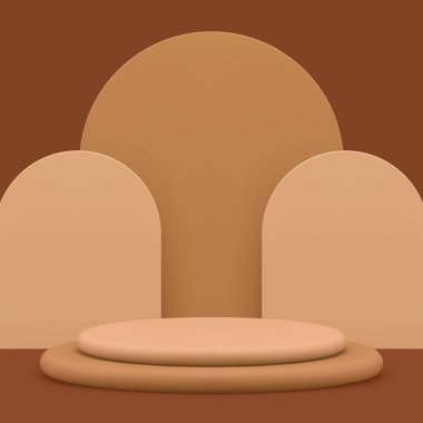 Kozmetik ürün için 3d bej podyum kaide modeli gerçekçi vektör illüstrasyonunu gösteriyor. Çıplak pastel silindir sahnesi, alışveriş reklamı için yarı daire duvar arkaplanı.