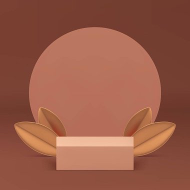 Ürün sunumu için 3d bej renkli lüks podyum kaidesi gerçekçi vektör illüstrasyonunu gösterir. Zarif pastel kare sahne, yuvarlak duvar arkaplanı ve reklam için altın yapraklar.