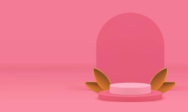 Lüks kozmetik ürünler için 3D zarif pembe podyum modeli gerçekçi vektör çizimi gösteriyor. Sunum için dişi silindir, altın yapraklı ve yarı daire duvar arkaplanlı basamak kaidesi