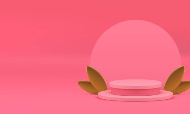 Kozmetik ürün için Pembe 3d lüks podyum kaidesi modeli gerçekçi vektör illüstrasyonunu gösteriyor. Pastel zarif kadın silindir standı altın yapraklar ve yarım daire duvar arkaplan sunumu