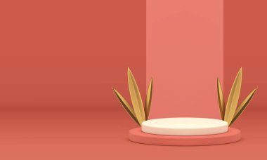 Ürün için altın çimen yapraklı 3D çıplak podyum gerçekçi bir vektör illüstrasyonu gösteriyor. Sunum için duvar arkaplanı prim modeliyle Pastel zarif silindir kaidesi