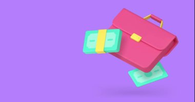 Ticari kazanç, nakit para, çanta, 3D ikon animasyonu. Verimli iş verimliliği çalışması mali bağımsızlık ve gelir geliri maaşı ile sonuçlanır