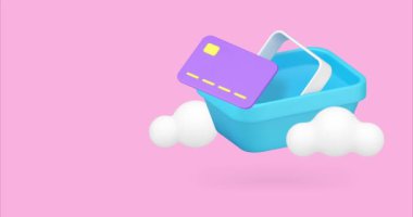 Çevrimiçi alışveriş alışverişi kredi kartı ödeme kartı süpermarket arabası 3D ikon animasyonu. Market süpermarketi bakkal malzemeleri internet siparişi alıyor kasaya ödeme yapıyor.