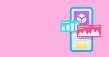 İş analizi istatistik raporu akıllı telefon uygulaması 3D ikon animasyonunu izliyor. Web gösterge paneli beyin fırtınası sonucu grafik şeması cep telefonu uygulamasını kontrol ediyor