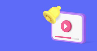 Bildirim 3d simgesi animasyonu için yeni video oynatıcısı vlog aboneliği hatırlatıcısı. Çoklu ortam sanal içeriği çevrimiçi internet video bloğu uyarısı sosyal medya uyarısı