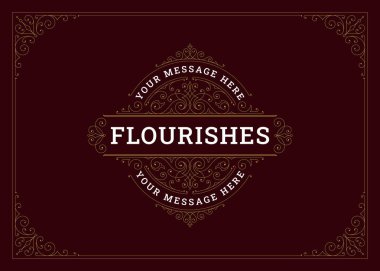 Çerçeveli köşeli tebrik kartı tasarımı vektör illüstrasyonlu klasik altın girdap süsü. Premium, düğün davetiyesi amblemi için Viktorya dönemi çiçek motifini zenginleştirir