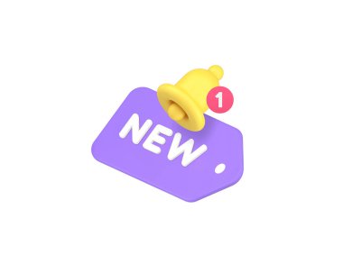 Halka çanı duyurusu olan yeni bir alışveriş etiketi 3d simge gerçekçi vektör illüstrasyonu. Mağaza mağazası mesaj perakende rozet etiketi finansal teklif pazarlama kuponu satın alma etiketi