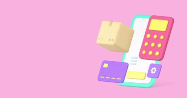 Çevrimiçi dağıtım hizmeti ödeme hesaplaması akıllı telefon uygulaması afişi 3D simge animasyonu. Kargo sevkiyatı posta paketi nakliye taşımacılığı alışveriş siparişi sevkiyatı