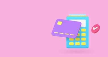 Alışveriş ödeme kredi kartı ve POS terminal pankartı kopyalama alanı 3d simge animasyonu. Banka ve para transferi onaylandı. Fatura ile birlikte nakit para transferi.