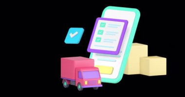 Kargo teslimat servisi akıllı telefon uygulama kontrol listesi afişi 3D simge animasyonu. Nakliye işi taşımacılığı lojistik dağıtım kamyonetli cep telefonu uygulaması