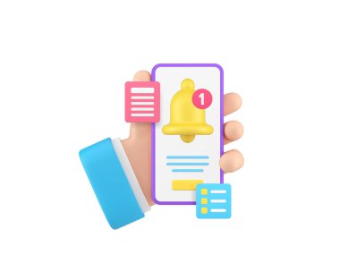 Akıllı Telefon Uygulama Bildirimi 3d simgesi gerçekçi vektör illüstrasyonu. İş adamı elinde cep telefonu zili uyarısı gelen mesaj çizelgesi bilgisini bastırıyor
