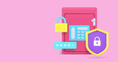 Bankanın güvenlik kasası para depolama koruma parolası 3D ikon animasyonu. Gizli erişimli metalik konteynır. Finansal depozito depozito kilidi kombinasyonu.