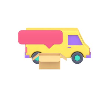 Taşıma siparişi taşıma reklamı 3D ikon gerçekçi vektör illüstrasyonu. Lojistik dağıtım posta kutulu ve konuşma baloncuklu servis minibüsü