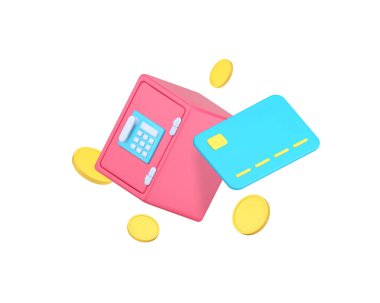 Banka hesabı para tasarrufu güvenlik 3d ikon gerçekçi vektör illüstrasyonu. Finansal denge bütçe koruması banka kartı ve güvenli mevduat yatırımı güvenlik koruması