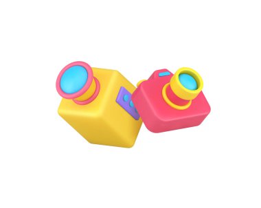 Multimedya içeriği için video ve fotoğraf makinesi 3d simge gerçekçi vektör illüstrasyonu oluşturur. Motion picture media blog sanatı, televizyon görüntüsü ve kamera ekipmanları oluşturdu