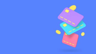 Nakit ödeme ikramiyesi düşen kredi kartı ve bozuk para afişi fotokopi uzay vektör illüstrasyonu. Ticari indirim garantisi para tasarrufu geri ödeme ödülü tanıtım teklifi