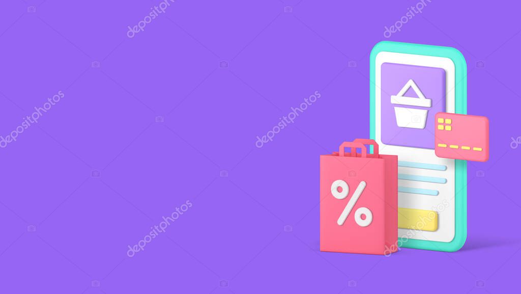 Online shopping marketplace mobile app sale discount banner copy space vector illustration. Supermarket shop store credit debit card payment smartphone application special offer price off e business