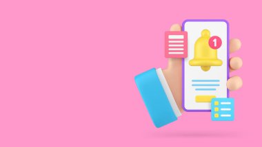 Akıllı telefon anımsatıcı uygulama bildirim pankartı kopya uzay vektör illüstrasyonu. İş adamı elinde cep telefonu zili uyarısı gelen mesaj çizelgesi bilgisini bastırıyor