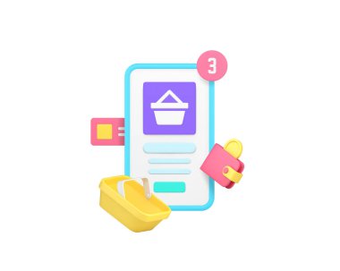 Çevrimiçi alışveriş süpermarketi akıllı telefon uygulaması 3d gerçekçi vektör illüstrasyonu. İnternet mağazası market siparişi ticari perakende telefon uygulaması satın alıyor