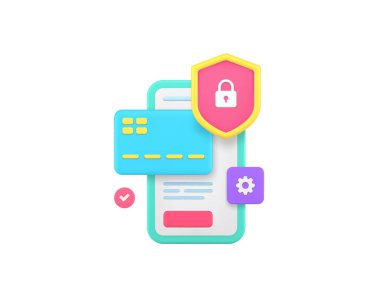 Çevrimiçi bankacılık akıllı telefon uygulaması veri koruması 3d gerçekçi vektör illüstrasyonu. İnternet bankası mali ödeme bütçesi alışveriş cep telefonu uygulaması güvenli dijital teknoloji