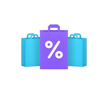 Alışveriş indirimi indirimi özel satış mağazası çanta yüzdesi 3d gerçekçi vektör illüstrasyonu. Piyasa süpermarketi fiyatları indirimli Kara Cuma perakende ürünleri