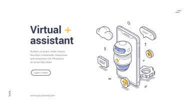 Etrafı dijital simgelerle çevrili dost canlısı bir sohbet robotu sanal asistanı. Teknoloji odaklı modern bir dünyada iletişim ve etkileşim. Isometric satır sanat web pankartı, iniş sayfası şablonu