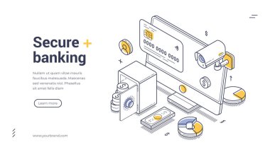 Satır sanatı izometrik web pankartı, çevrimiçi bankacılığın iniş sayfası şablonu, dijital elementlerle bağlantılı güvenli, monitör ve finansal grafiklerle güvenliğin vurgulanması