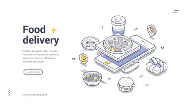 Teslimat uygulaması konsepti izometrik web pankartı, İniş sayfası şablonu web afişi ile çeşitli yiyecek dağıtım seçenekleri sunar, pizza, burger ve içeceklerin akıllı telefon şablonları