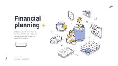 Para kavanozu, bozuk paralar, hesap makinesi ve çizelgeler de dahil olmak üzere çeşitli finansal yönetim araçları. Satır sanatı izometrik finansal planlama web pankartı, iniş sayfası şablonu