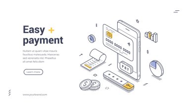 Dijital ödeme süreçleri, akıllı telefon, kredi kartı ve çeşitli finansal unsurlarla izometrik bir tasarım ile temsil edilir. Satır sanatı web pankartı, iniş sayfası şablonu