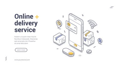 Çevrimiçi dağıtım hizmeti modern izometrik hat sanat web pankartı. Mobil uygulamalar kredi kartları ve paketlerle hızlı işlemleri kolaylaştırır