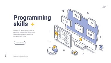 Programlama becerileri modern izometrik çizgi sanat web pankartı şablonu. Bilgisayarlı dijital çalışma alanı, çeşitli web geliştirme araçlarını ve HTML, CSS ve PHP gibi kodlama ögelerini gösterir