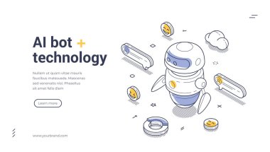 AI robot teknolojisi modern izometrik çizgi sanat web pankartı, iniş sayfası şablonu. Fütürist yapay zeka sohbet robotları neşeli duygu simgeleriyle çevrili ve canlı dijital bir manzarada sohbet simgeleri