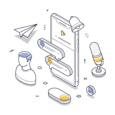 Akıllı telefon, mikrofon ve kullanıcı avatarları da dahil olmak üzere çeşitli iletişim ve medya unsurları. Görsel bağlantılar dijital alandaki etkileşimi vurgular. Modern izometrik çizgi sanatı