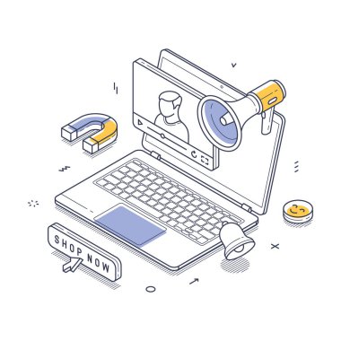 Dijital pazarlamayı vurgulayan, megafon ve mıknatıs gibi elementlerle çevrimiçi alışveriş arayüzü sunan bir dizüstü bilgisayar. Sosyal medya video reklamcılığı. Modern izometrik çizgi sanat vektörü çizimi