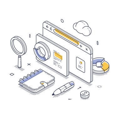 Modern bir çalışma alanı kavramı ve verimliliği vurgulayan dijital cihazlar, kırtasiye malzemeleri ve arama araçları. Çevrimiçi iş akışı kavramı. Modern izometrik çizgi sanat vektörü çizimi