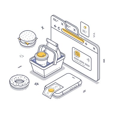 İnternetten fast food ve bakkaliye siparişi veriyorum. Sergide bir alışveriş sepeti, ödeme yöntemleri ve belirgin şekilde sergilenen çeşitli gıda öğeleri yer alıyor. Modern izometrik çizgi sanat vektörü çizimi