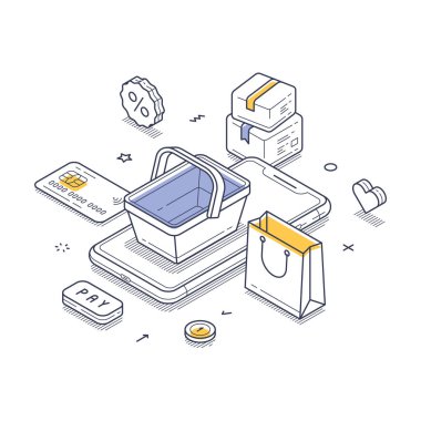 Alışveriş sepeti, akıllı telefon, ödeme ikonları ve teslimat paketleri de dahil olmak üzere çevrimiçi alışveriş bileşenleri aranjmanı. Çevrimiçi sipariş ve paket teslimatı. Modern izometrik çizgi sanatı