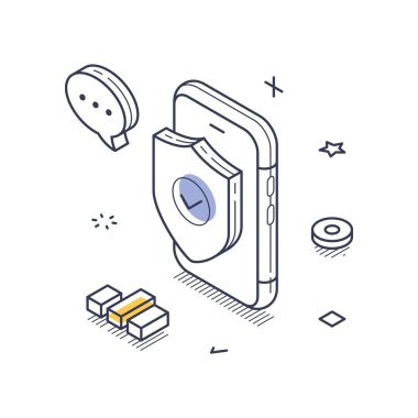 İnternet güvenliğini sembolize eden bir kalkan ile korunan akıllı telefon. Sohbet baloncukları ve şekiller gibi elementler dijital koruma temasını geliştirir. İzometrik çizgi sanat vektörü çizimi