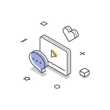 Yorumlar ve beğeni gibi etkileşimli unsurlarla bir dijital ekranın Isometric line sanat temsili, video içeriğine odaklanmış sosyal medya katılımını sembolize ediyor. Vektör illüstrasyonu