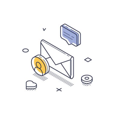 Isometric line sanat vektörü illüstrasyonunda çeşitli sosyal medya iletişim unsurları gösteriliyor. Vektör illüstrasyonu