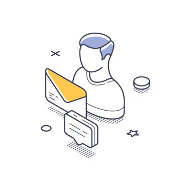 Sosyal medya elemanlarıyla uğraşan bir kullanıcının Isometric line sanat tarzı temsili. Mesajların ve zarfların simgeleri var, etkileşimi ve iletişimi sembolize ediyorlar. Vektör illüstrasyonu