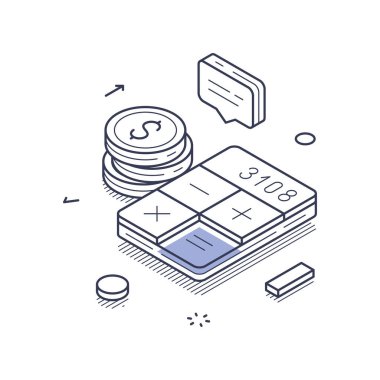 Çevrimiçi ödemeleri gösteren Isome çizgisi resim simgesi. Bütçe hesaplamalarını bir hesap makinesi, madeni paralar ve iletişim unsurlarıyla vurguluyor ve finansmanı vurguluyor. Vektör illüstrasyonu