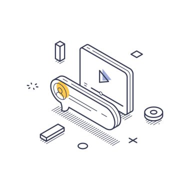 Ekranlar ve kullanıcı simgeleri gibi dijital elementlerle çevrimiçi pazarlama. Modern bir çevrede dijital bağlılığın özünü yakalar. Modern izometrik çizgi sanat vektörü çizimi