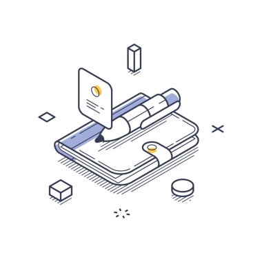İş çözümü konsepti, elinde kalem ve kartla defter göstermek. İş stratejilerinde planlama ve organizasyonun önemini vurguluyor. Modern izometrik çizgi sanat vektörü çizimi