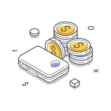 İş çözümü, istiflenmiş paraların yanında cüzdan sergilemek. Bu tasarım finansal yönetim ve yatırımı vurguluyor. Modern izometrik çizgi sanat vektörü çizimi